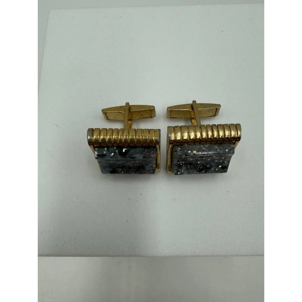 Vintage Gold Tone Speckled Stone Rectangular Cufflinks Mid Century Modern Mens